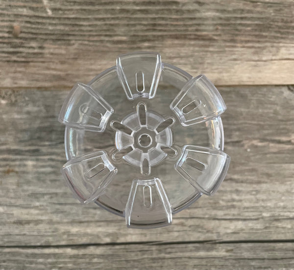 a small clear plastic flower pot bottom with a wooden background