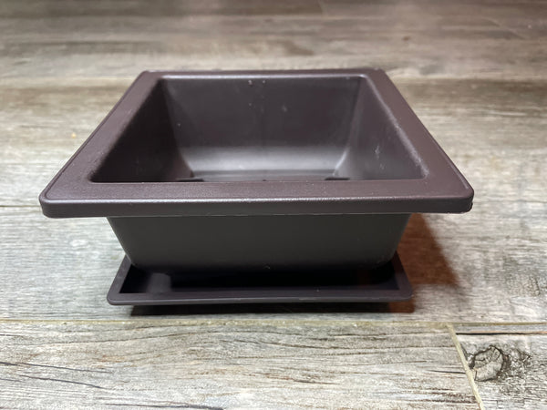 6" brown square bonsai pot with matching drip tray