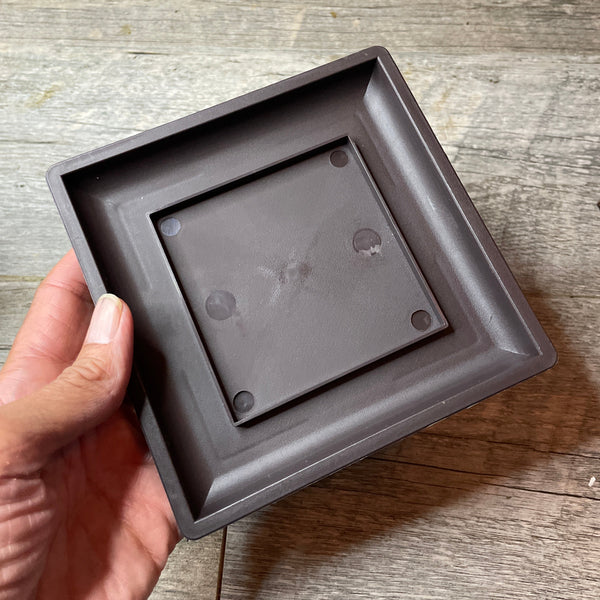 a hand holding a square brown plastic drip tray for a bonsai pot