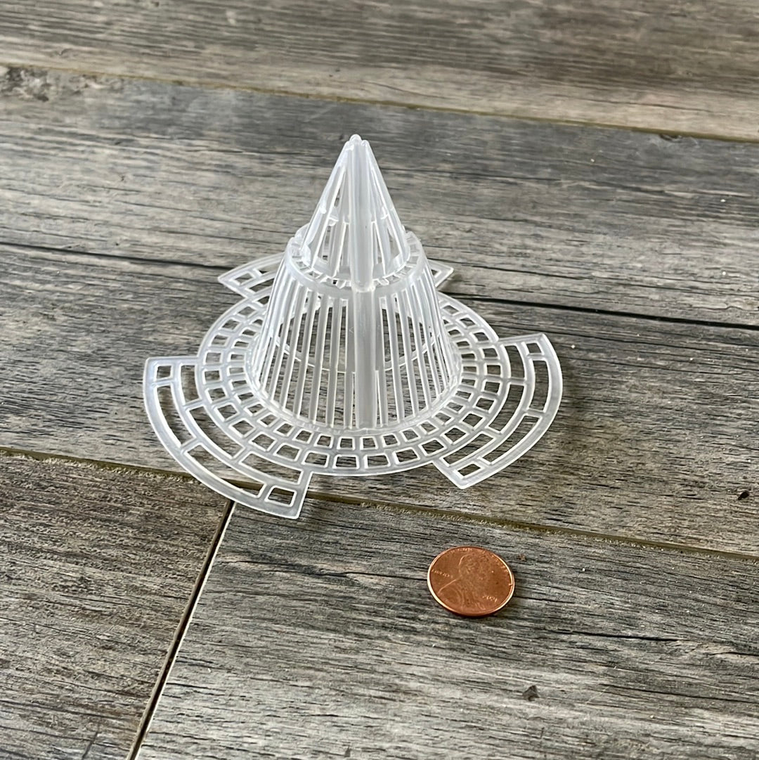 four and a half inch clear plastic mesh cone for putting in the bottom of a flower pot